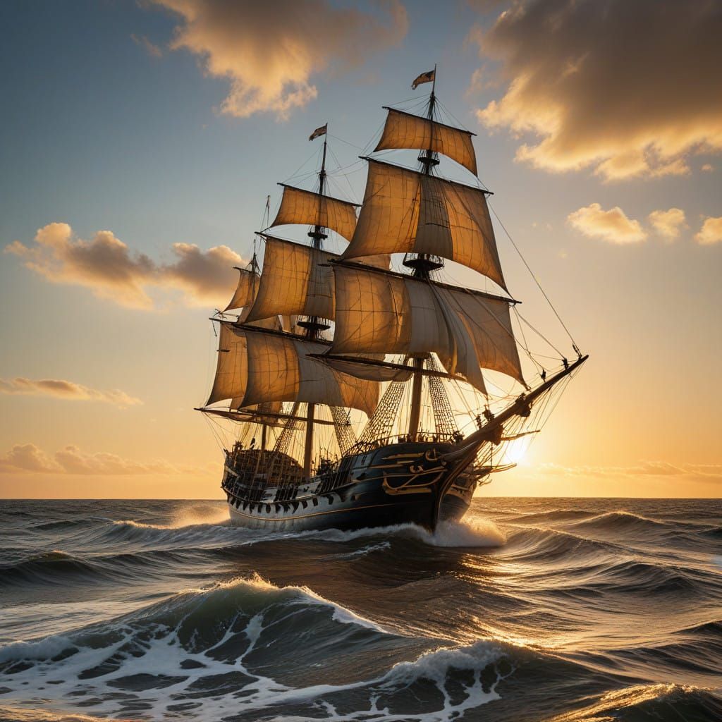 Spanish Galleon Battles Turbulent Sunset Seas