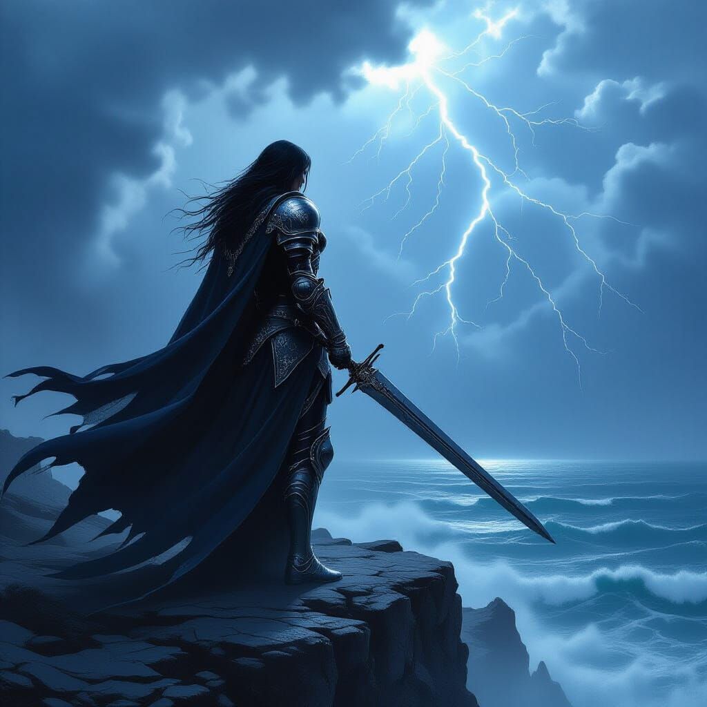 Lone Knight on Windswept Cliff in Dark Fantasy Style