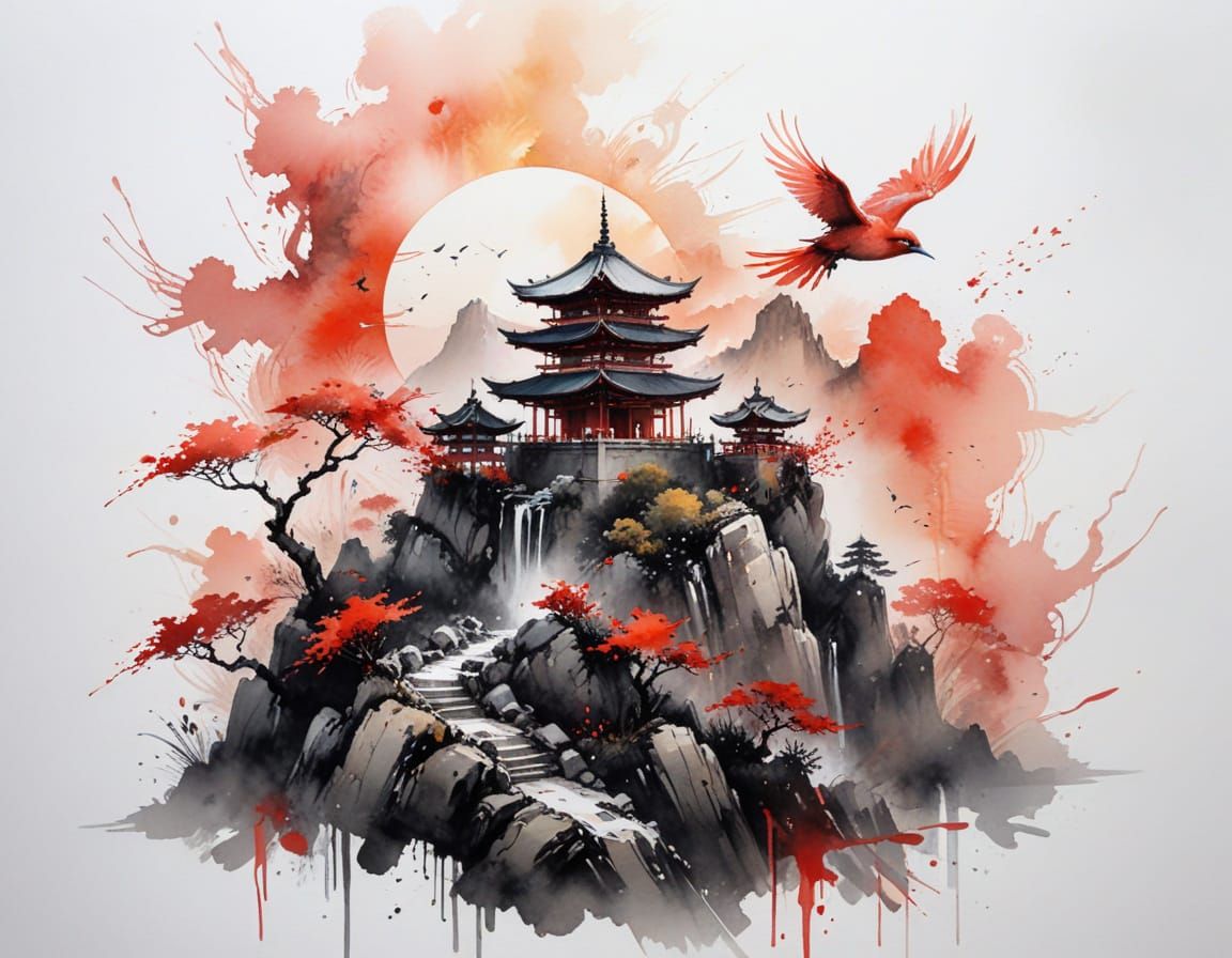 Misty Mountain Temple with Birds and Sun