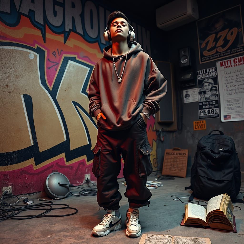 Singer Lost in Music Against Graffiti Wall