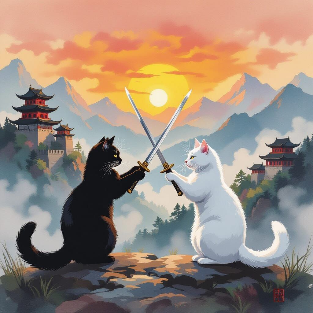 Samurai Cats Clash on Misty Mountaintop, as Gouache Painting