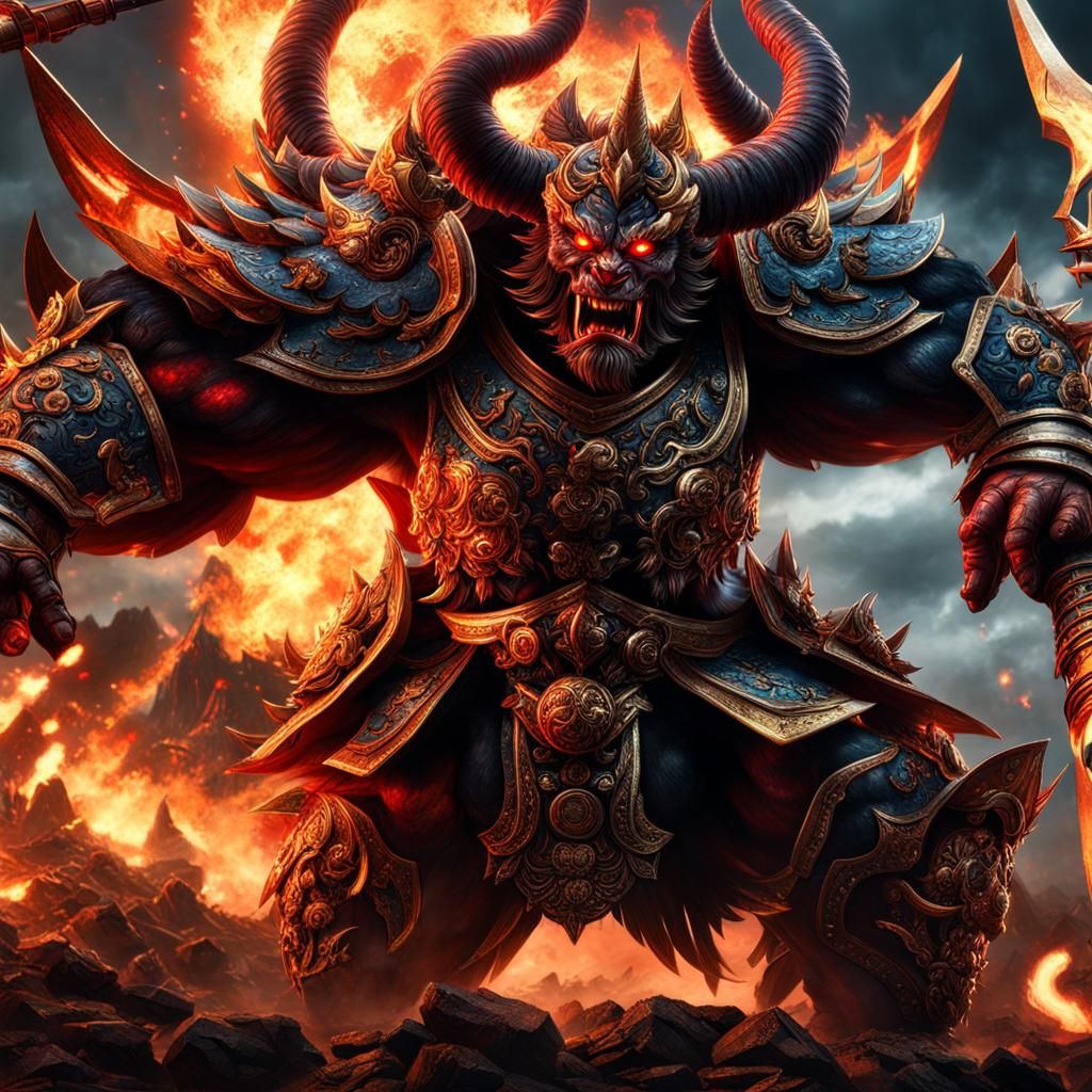 Epic Oni Battle Scene in Hyperrealistic Detail