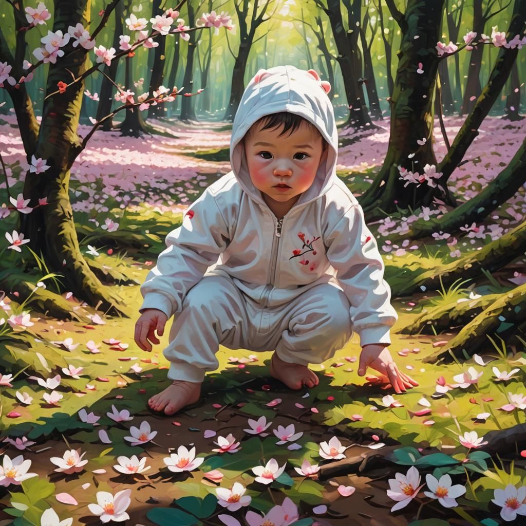 Baby Boy Crawling in Cherry Blossom Forest, Oil Painting