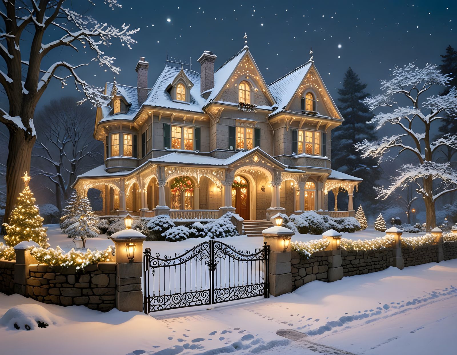 A Victorian Christmas Mansion in Moonlit Splendor
