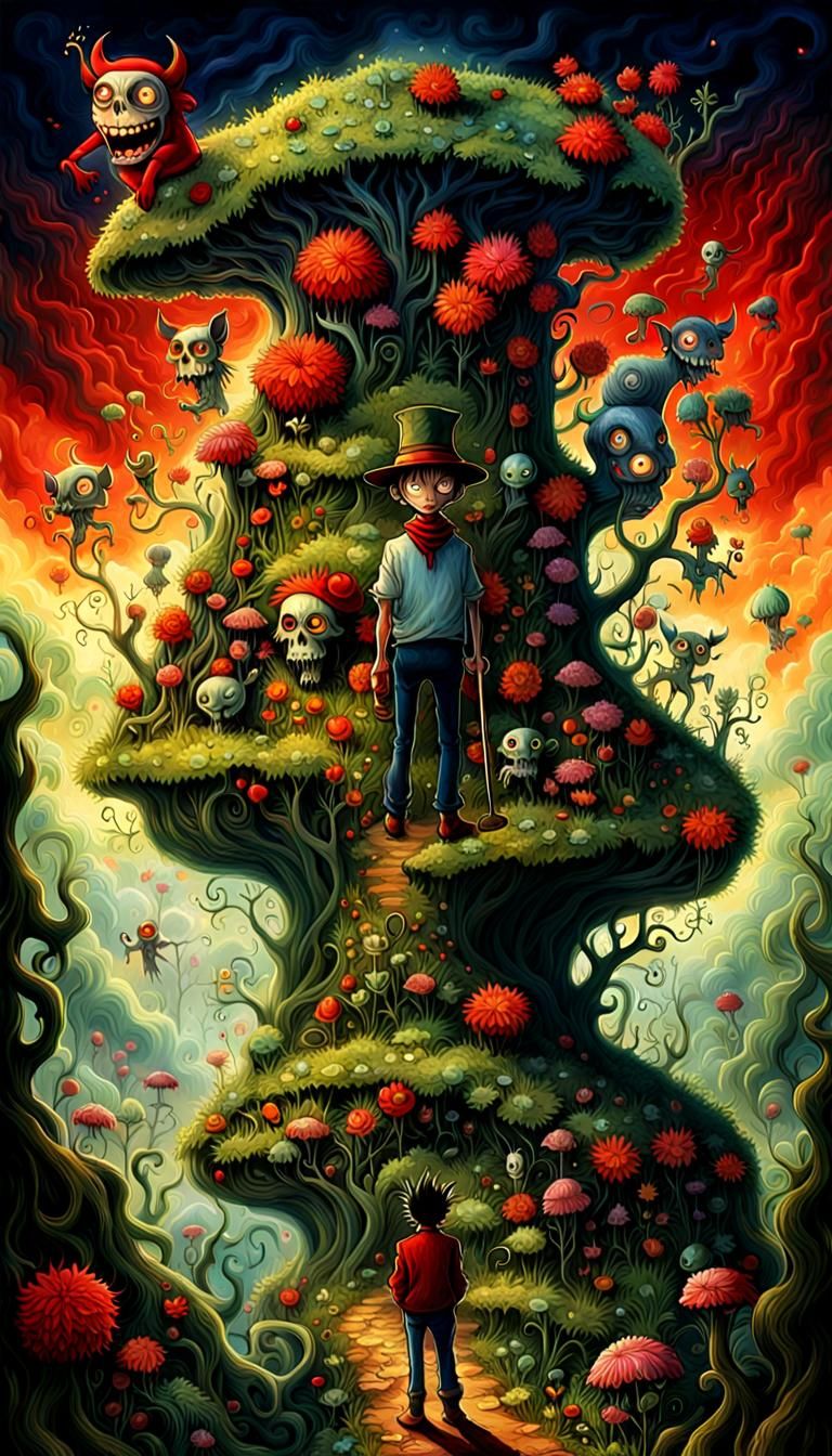 Psychedelic Devil in Bush, Whimsical Art Style