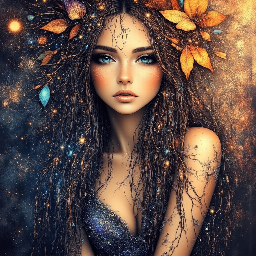 Ethereal Bohemian Goddess with Cosmic Hair and Shimmering Go...