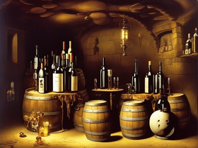 Whimsical Gothic Wine Cellar Still Life Painting