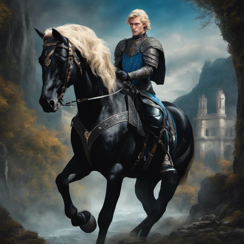 Handsome Knight on Black Horse, Hyper Realistic Fantasy Art