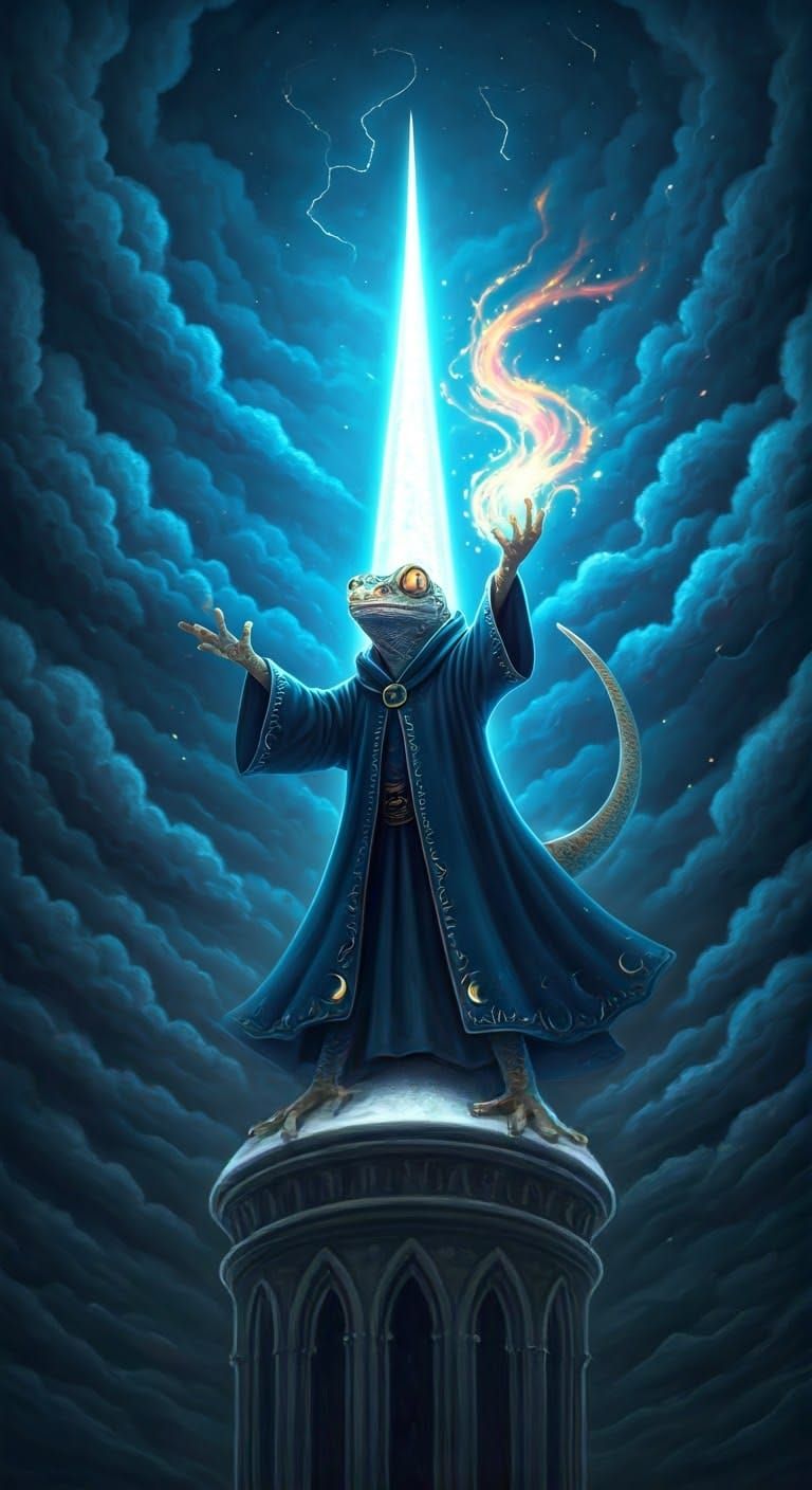Gecko Mage Casting Spell on Windswept Tower