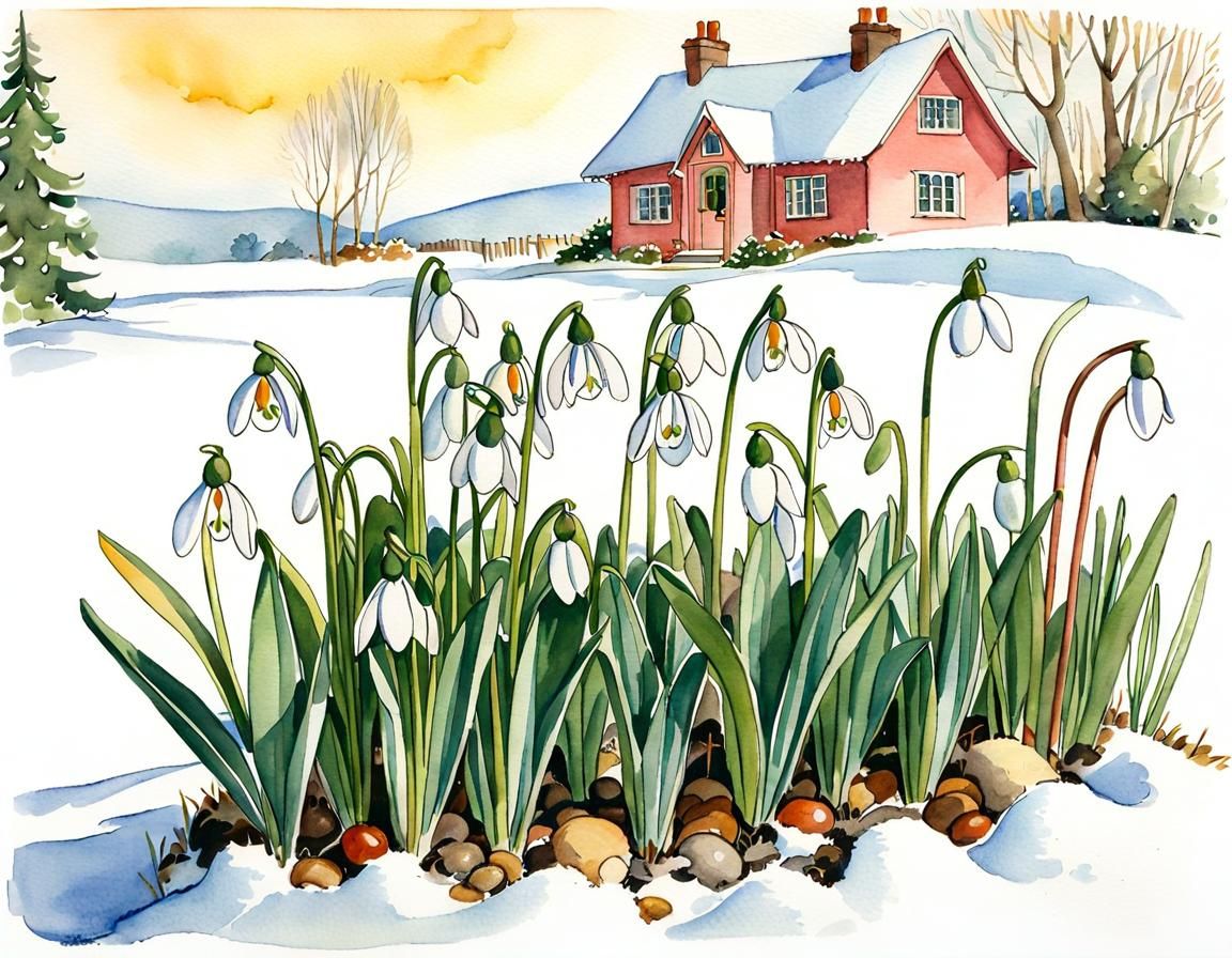 Snowdrops in Snow: Watercolor and Ink Illustration