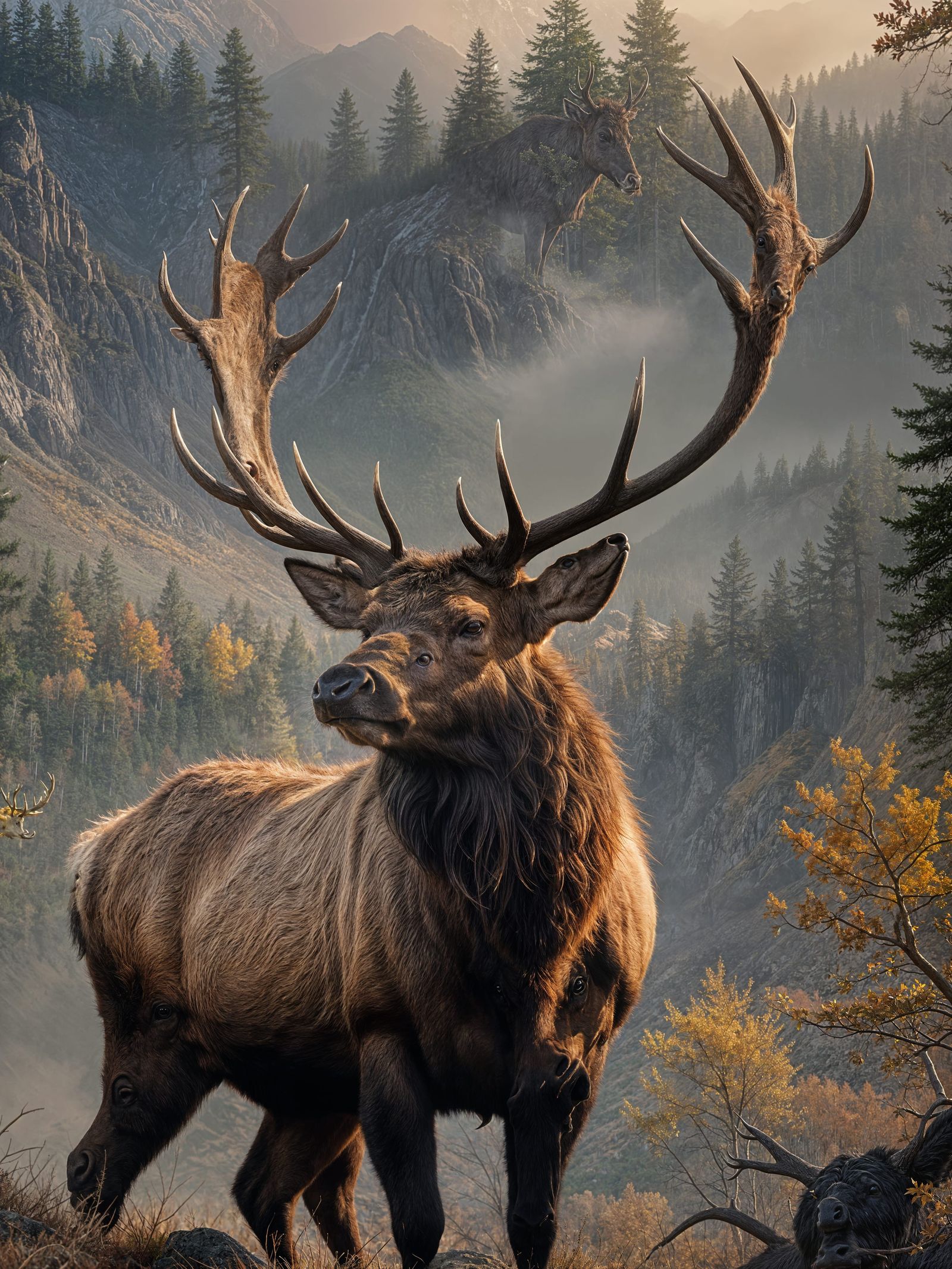 Majestic Bull Elk Portrait in Misty Autumn Scene