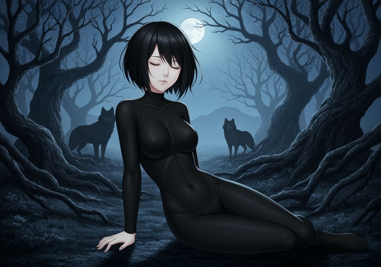 Anime Woman Sleeping in Moonlit Dark Forest