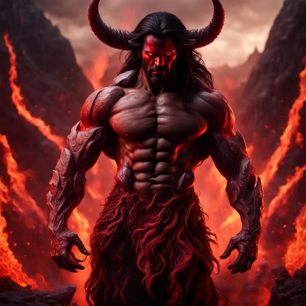 Hyperrealistic Muscular Demon in Volcanic Landscape