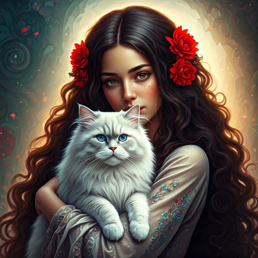 Mystical Woman and Cat in Dreamlike Setting