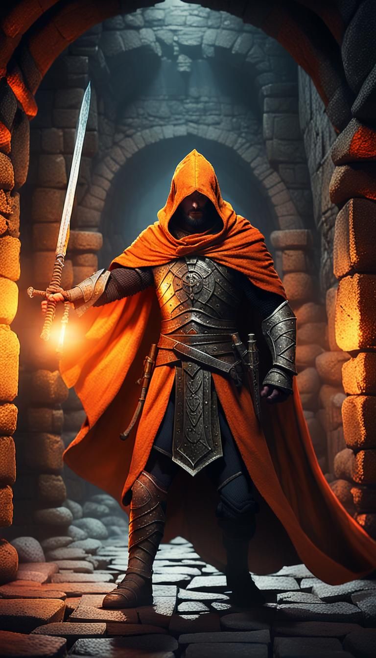 Warrior in Orange Cloak in Greg Rutkowski Style