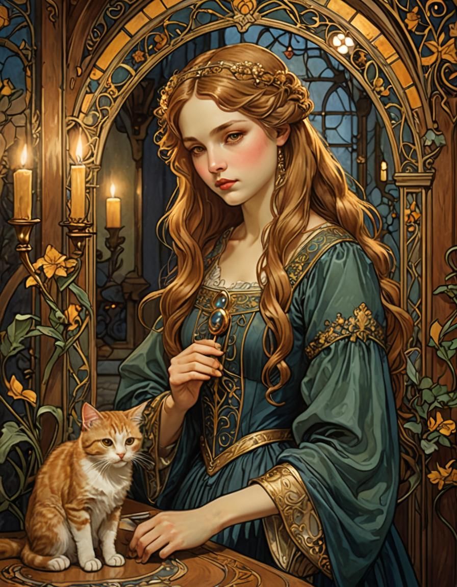 Art Nouveau Maiden Brushing Hair by Candlelight