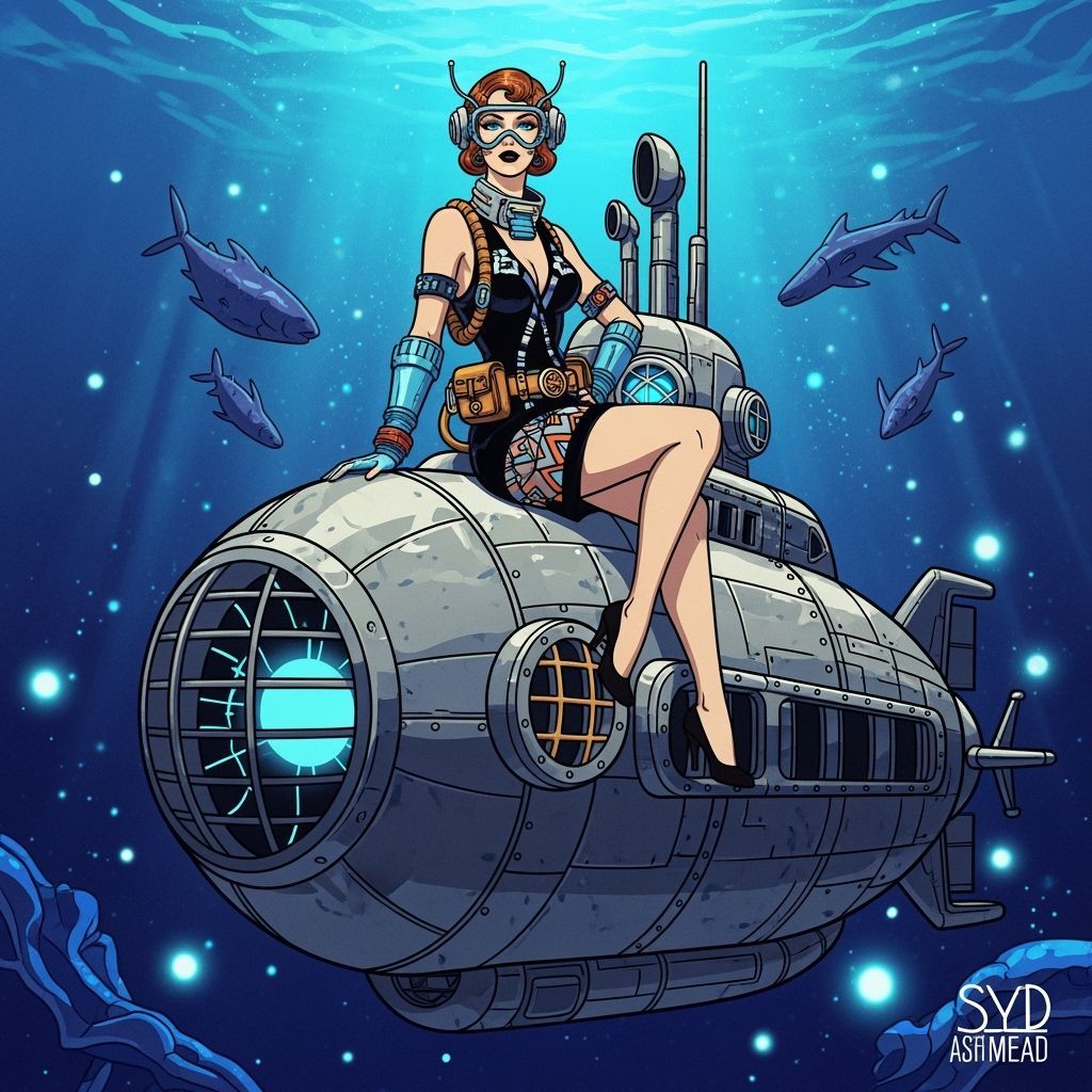 Steampunk Pin-Up Girl on Submarine in Pop Art Style