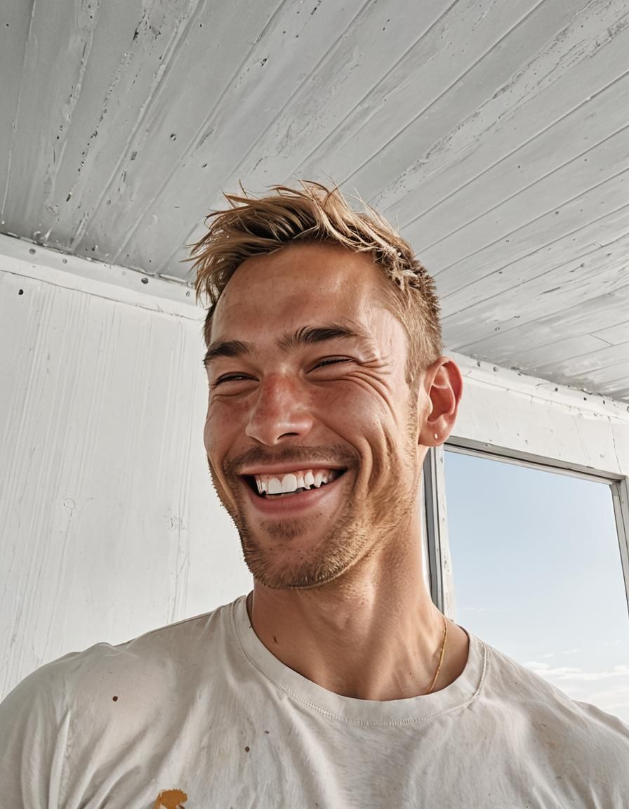 Radiant Laugh: Shirtless Male Torso in Comic Art Style