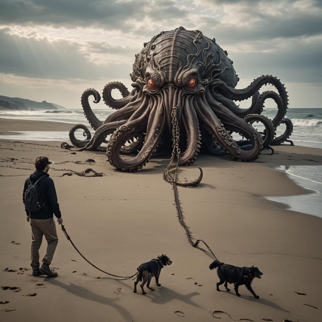 Poseidon Walks His Kraken on the Beach