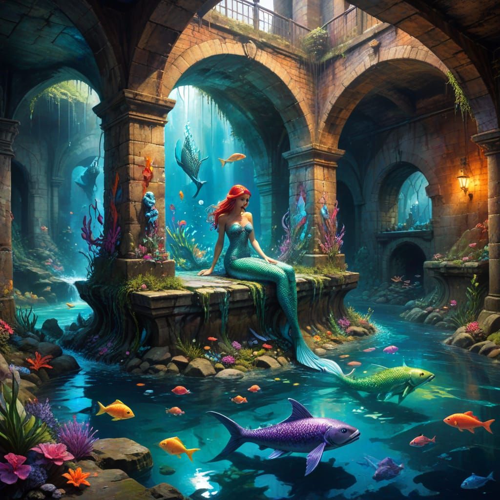 Surreal Graffiti Mermaids in an Underground Castle