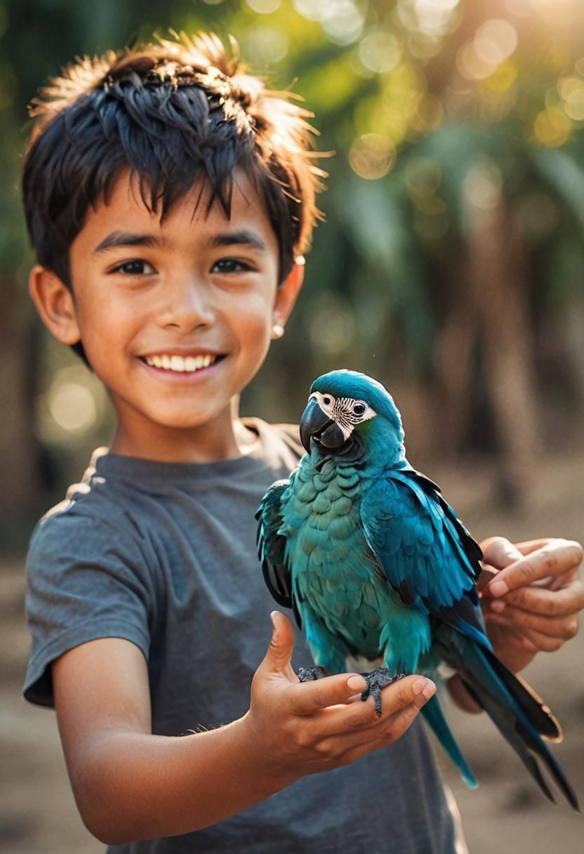Boy Holds Tiny Spix's Macaw: Concept Photography