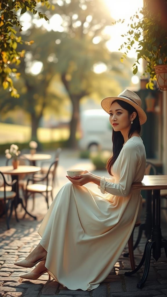 Elegant Woman at French Cafe in Golden Light