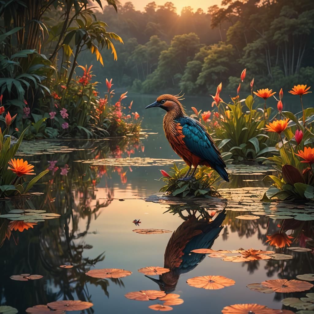 Paradise Bird at Dusk on Magical Lake