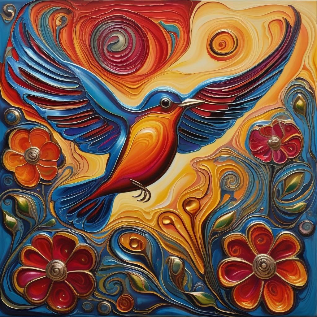 Bird Over Garden in Expressive Oil Painting Style