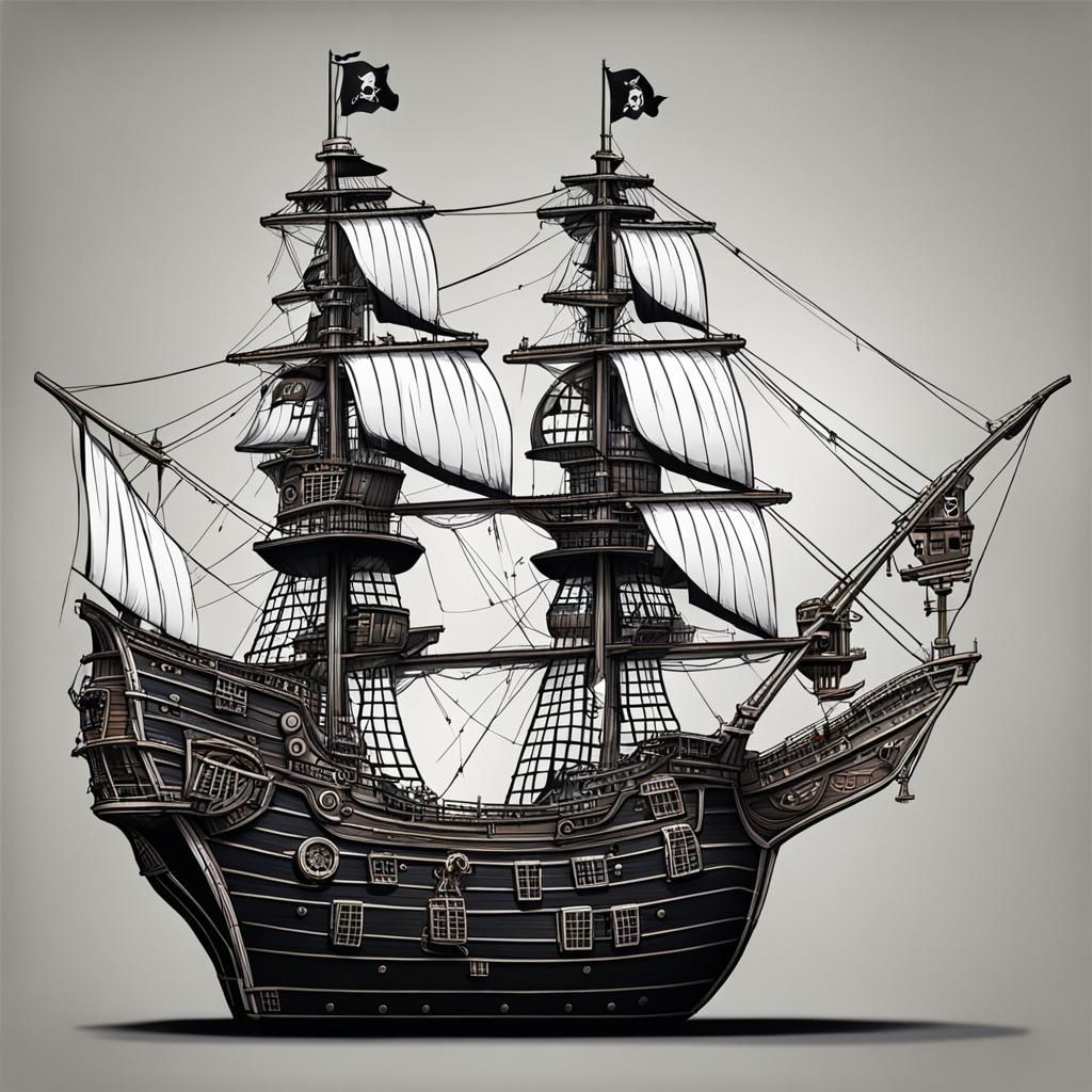 Detailed Cartoon Pirate Ship on Black Background