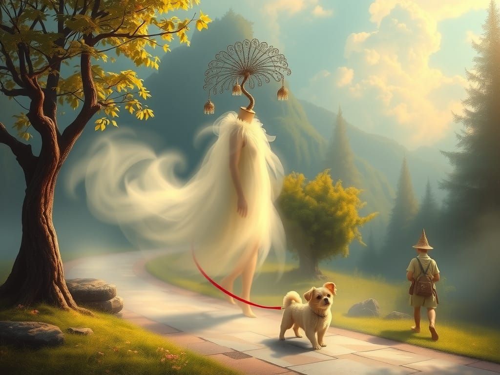 Ethereal Figure with Chihuahua in Fantastical Landscape