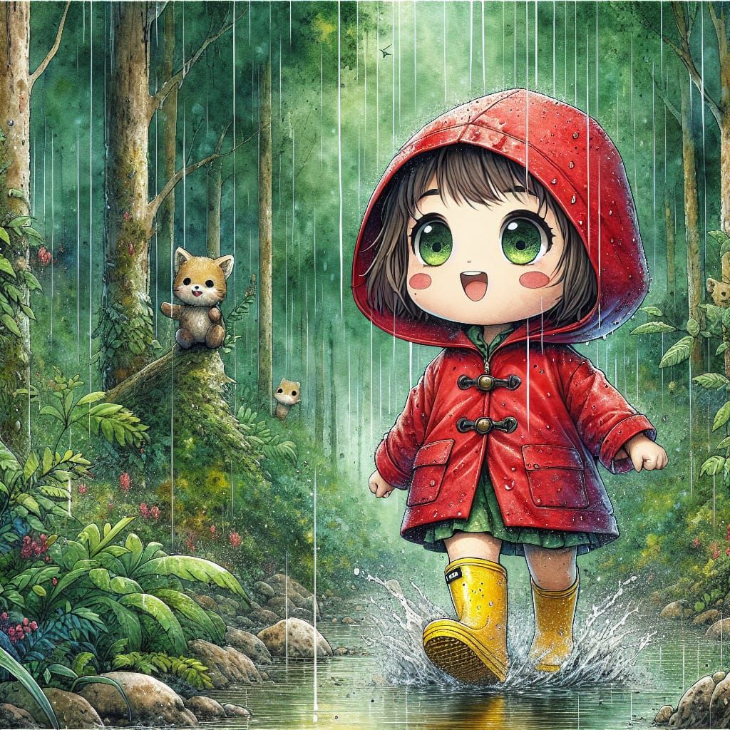 Chibi Girl's Rainy Forest Adventure in Digital Watercolor