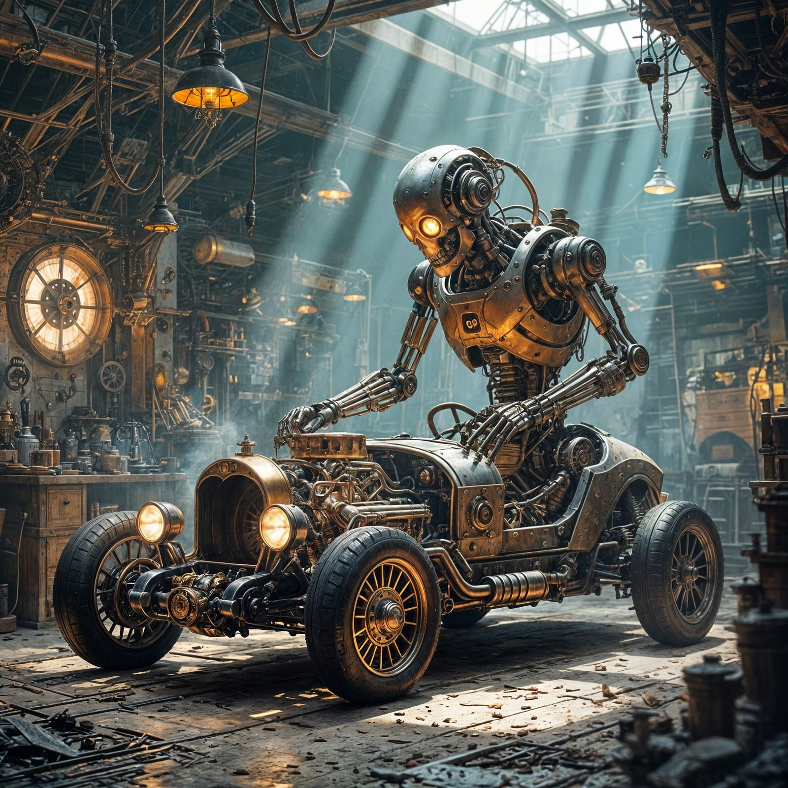Steampunk Skeleton Builds Futuristic Car in Fantasy World