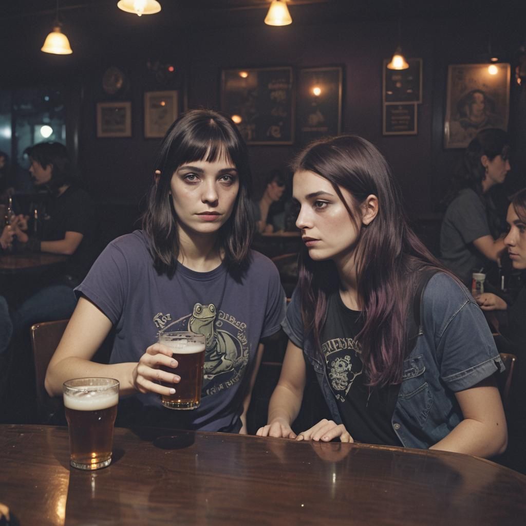 Girl and Goth Frog in Dimly Lit Restaurant