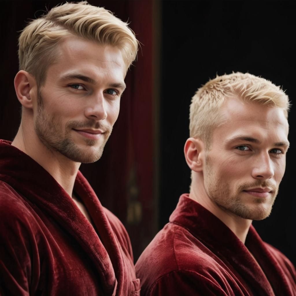 Handsome Blond Men in Red Velvet, Impasto Oil Painting