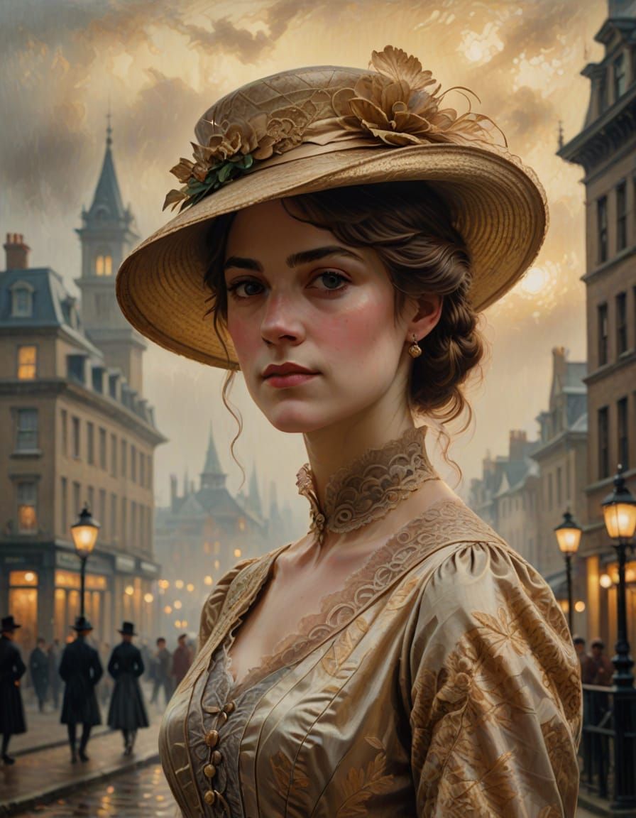 Victorian Woman in City, Oil Painting Style
