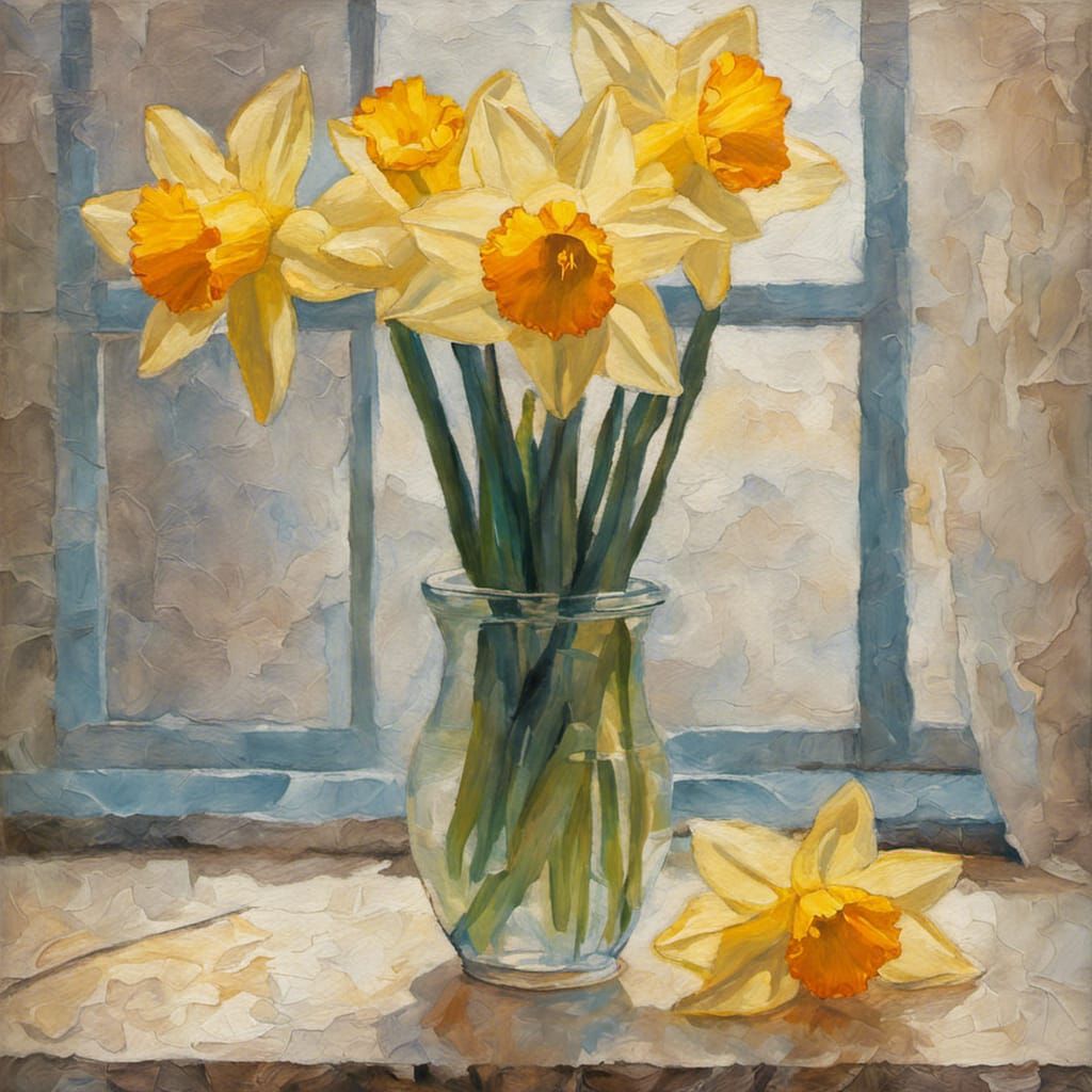 Daffodils in Vase: Neo-Impressionist Oil Painting