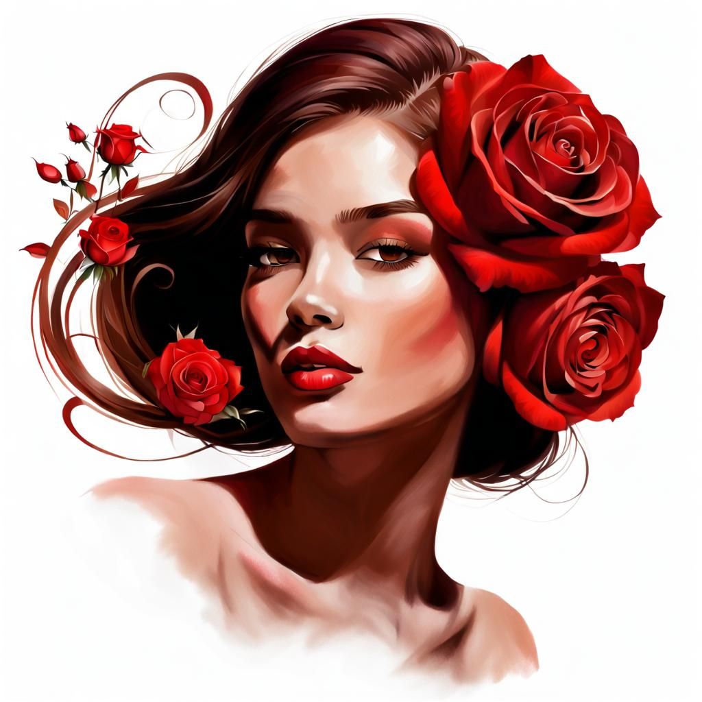 Beautiful Woman with Roses in Red and Brown