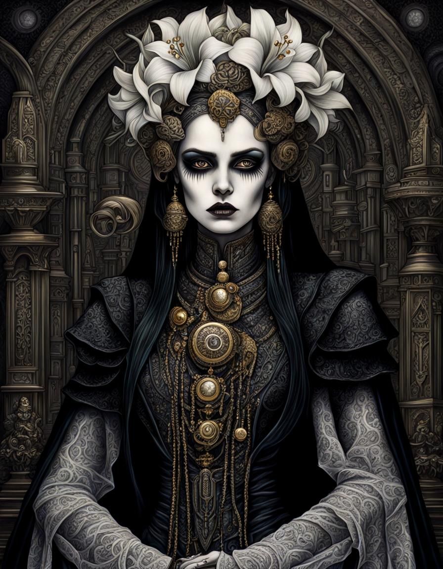 Gothic Horror Girl in Iridescent Lily Garden