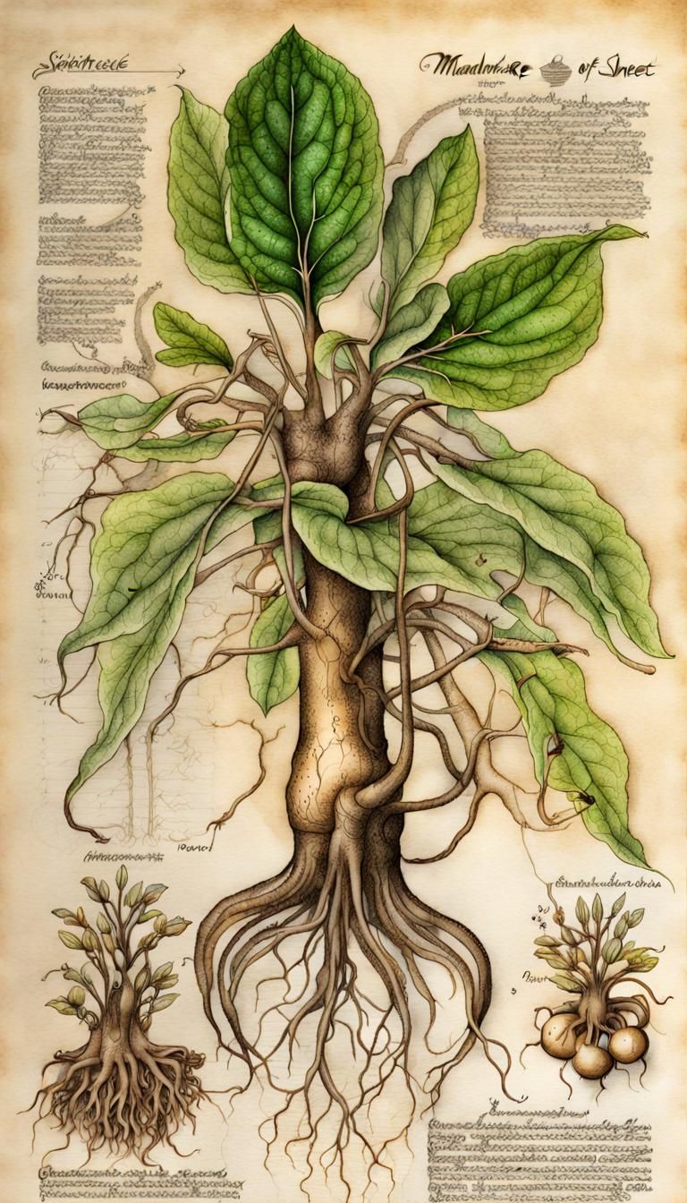 Detailed Botanical Ink Drawing of a Mandrake Plant