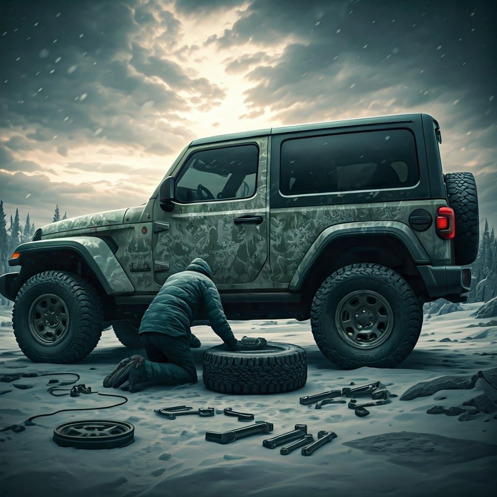 Winter Landscape: Mechanic Repairs Jeep in Quebec