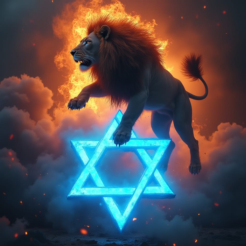 Lion Leaps Over Star of David in Apocalyptic Scene