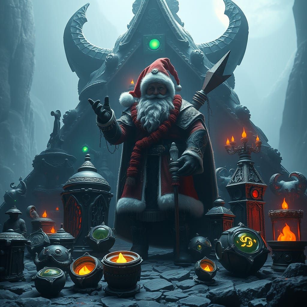 Mysterious Christmas Figure Amidst Ancient Cryptic Relics