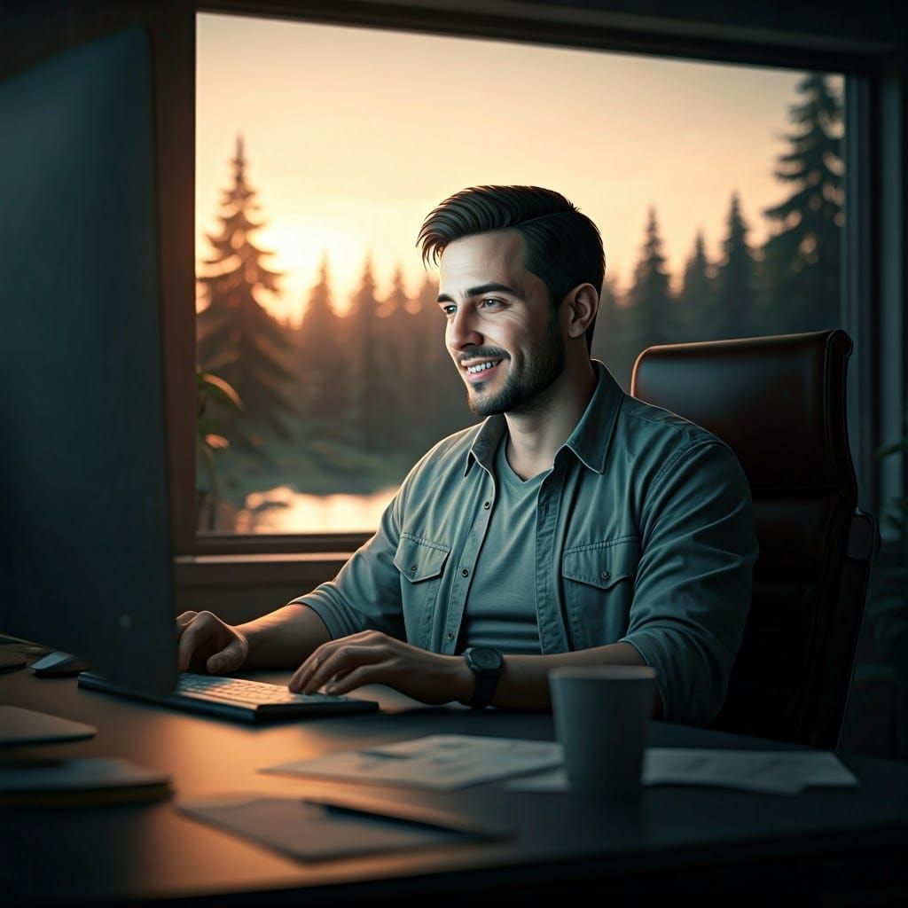 Exhausted Digital Artist Smiles in Golden Light