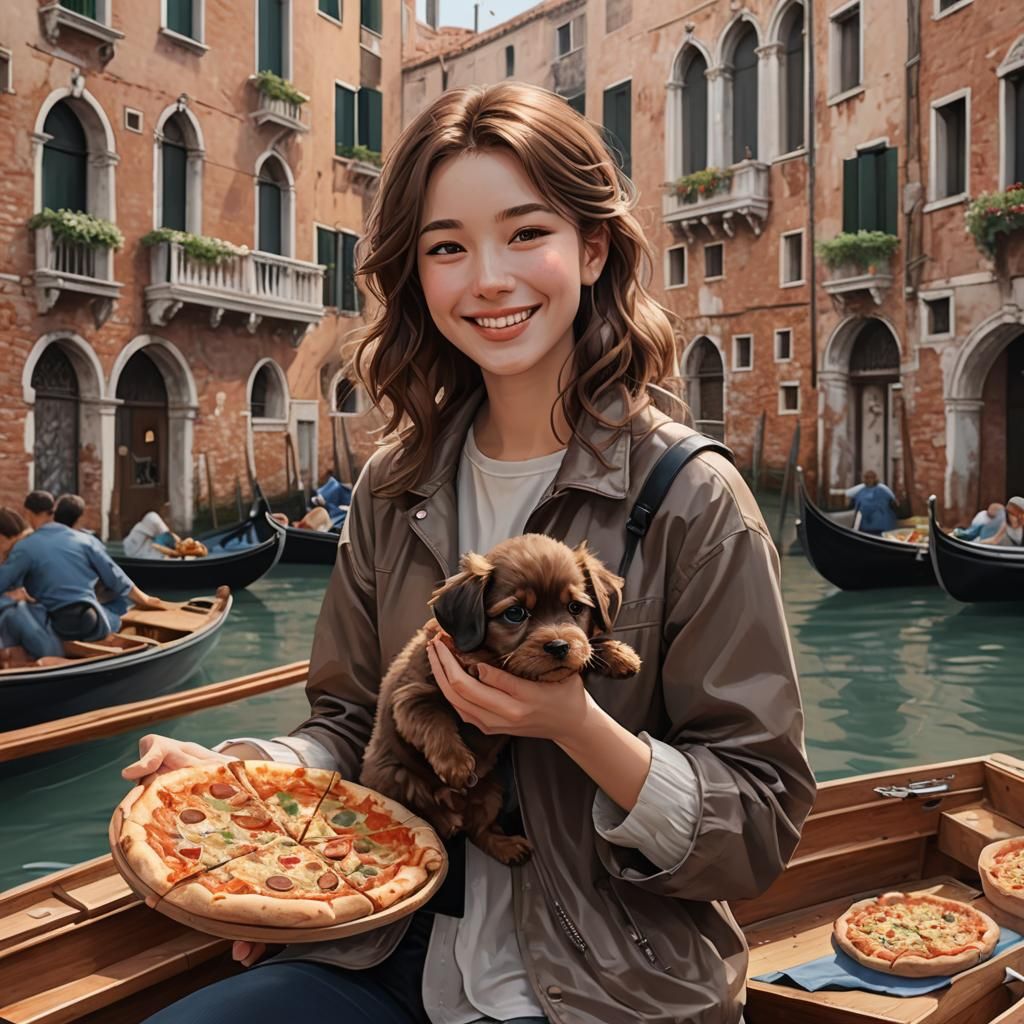 Woman with Puppy in Venice, 3D Anime Art