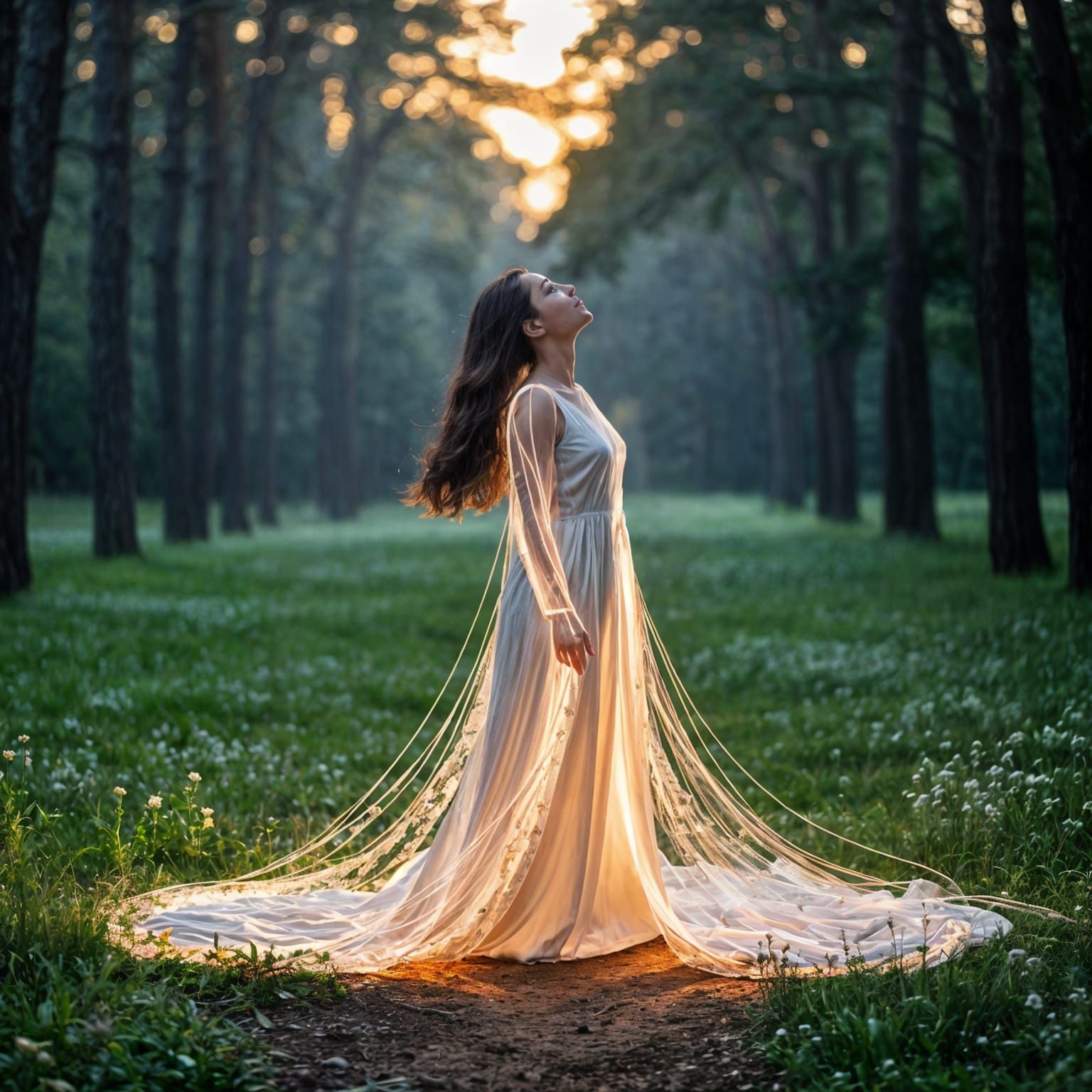 Woman Merging with Ethereal Spirit in Forest