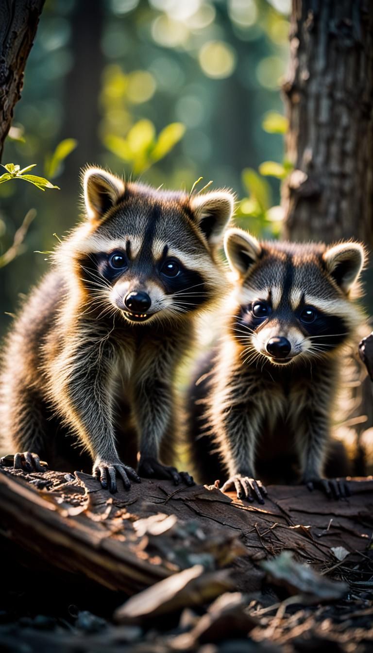 Baby Raccoons Playing: Cinematic Film Still
