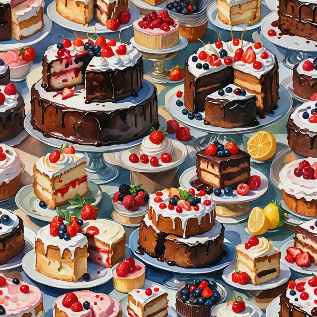 Angel Food Cake and Devil's Food Cake in Gouache Style