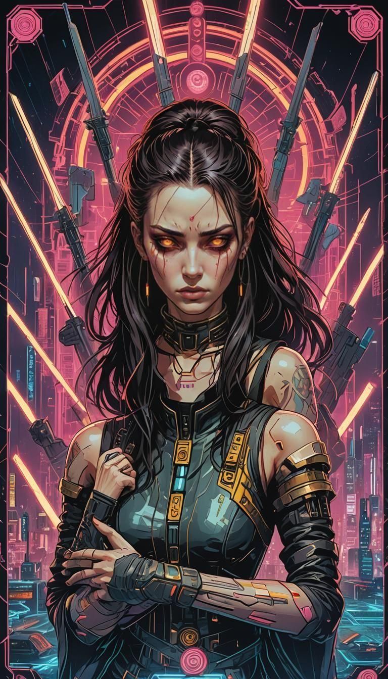 Detailed Eight of Swords Tarot Card in Cyberpunk Style