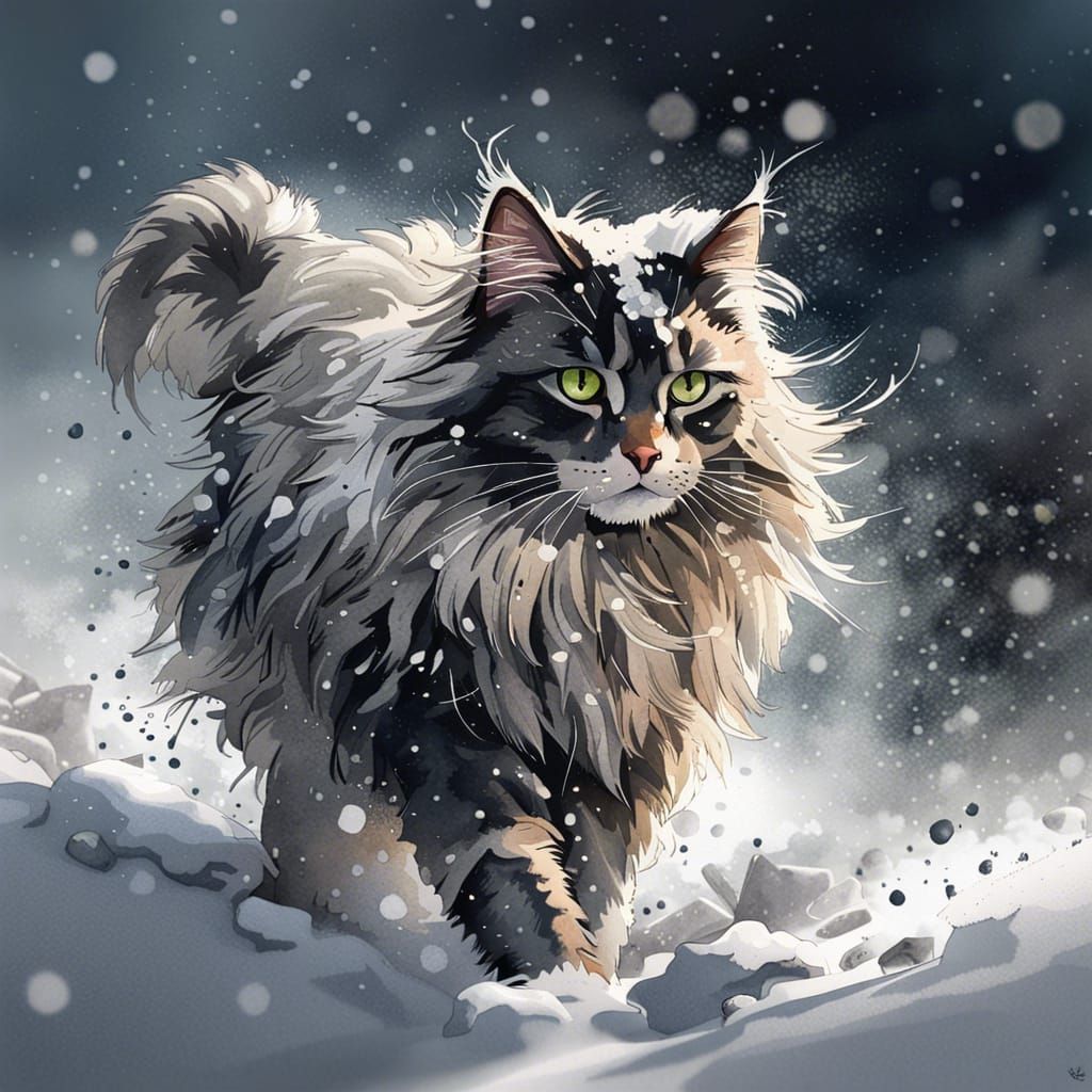 Norwegian Forest Cat in the snow