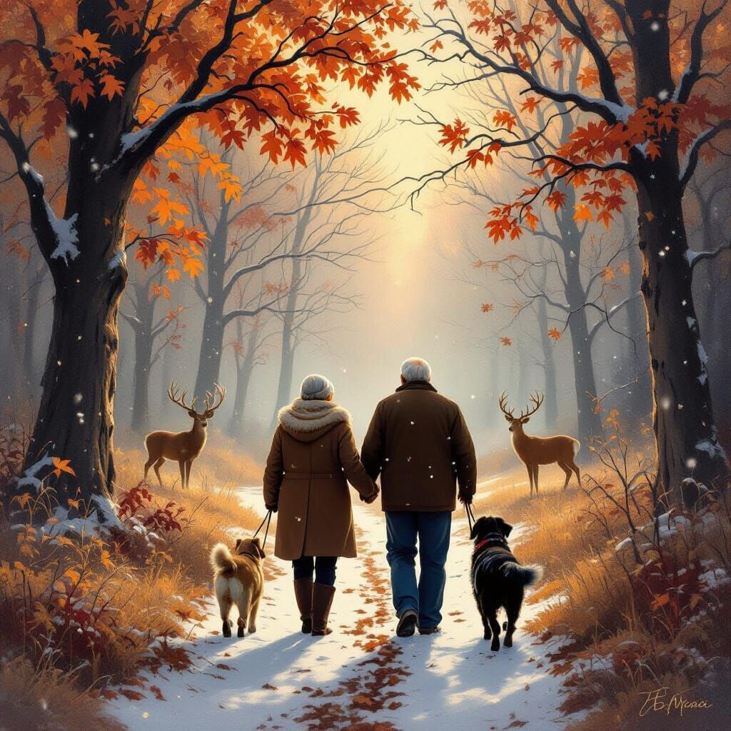 Elderly Couple Walks Dogs in Snowy Autumn Forest